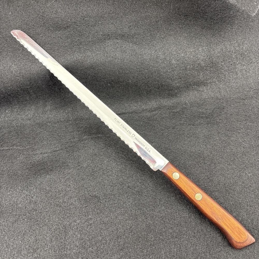 Vintage Flint Vanadium Serrated Slicing or Bread Knife Stainless USA Made 14 in